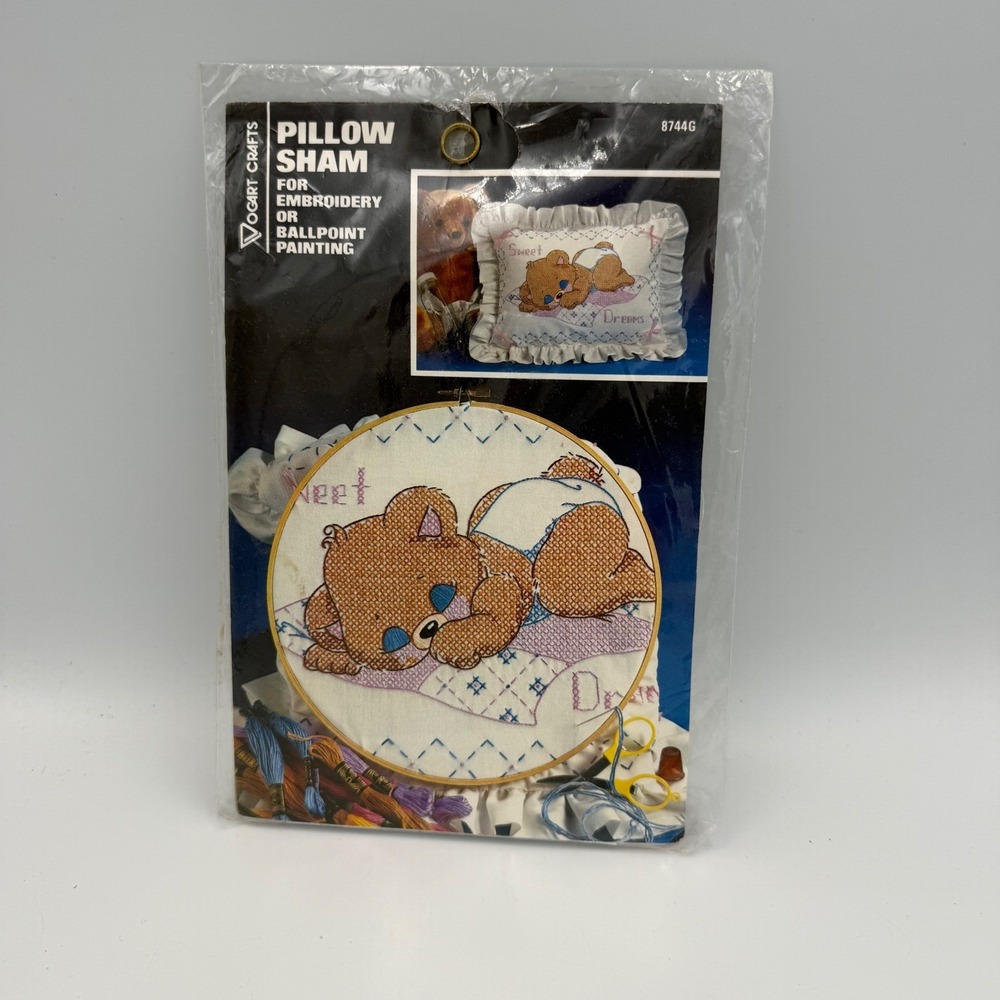 Vogart Crafts Vintage Baby Bear Stamped Pillow Sham Embroidery Kit 8744G NEW
